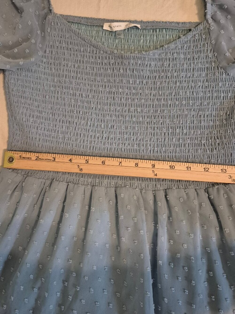 Altar'd State Oisin Babydoll Mini Dress Blue Smocked Swiss Dot Sheer Sleeve Boho - Picture 6 of 13